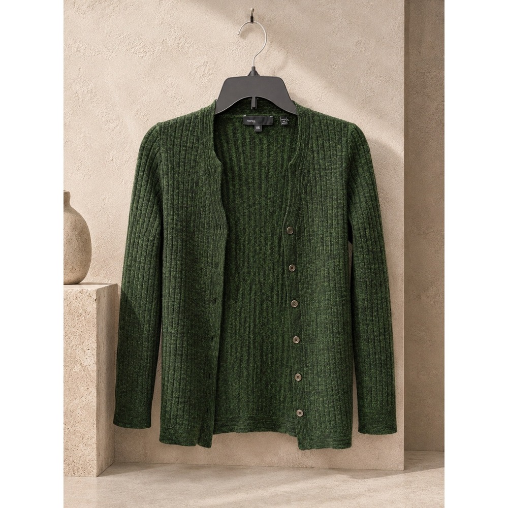Vince Women Cardigan XS Green Cashmere Alpaca Blend Ribbed Knit Button
